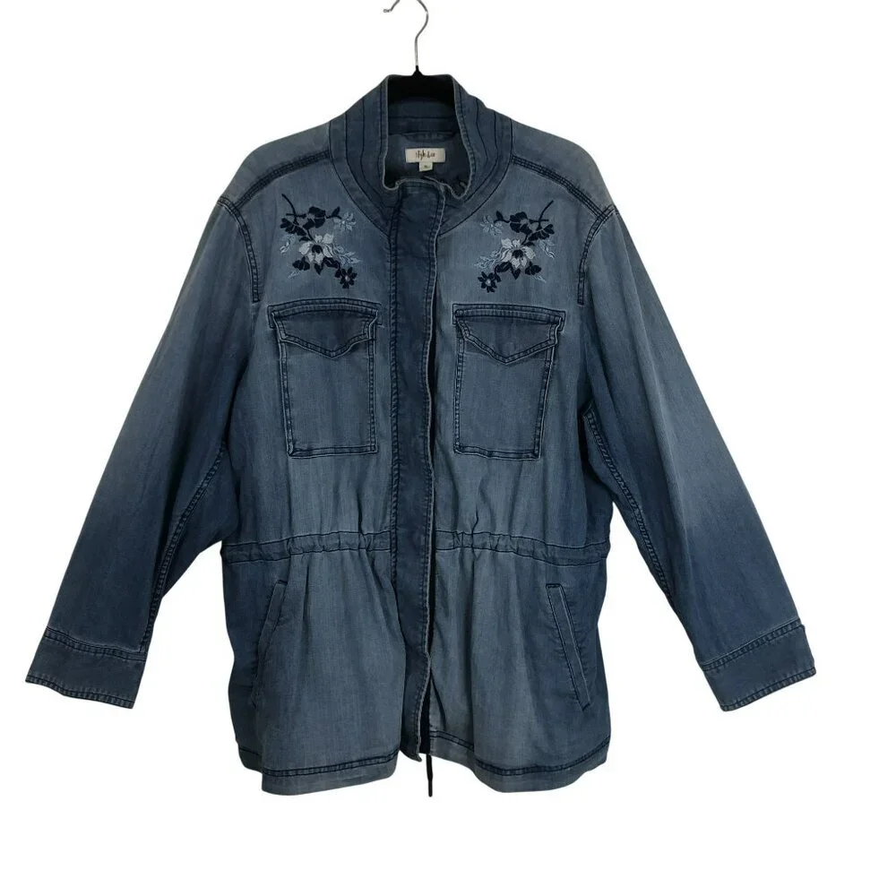 Style & Co Denim Jacket Embroidered  3X Long Sleeve Pockets & Drawstring Waist